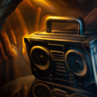 A boombox reflecting the surroundings in a cave, Painting by H.R. Giger, Closeup